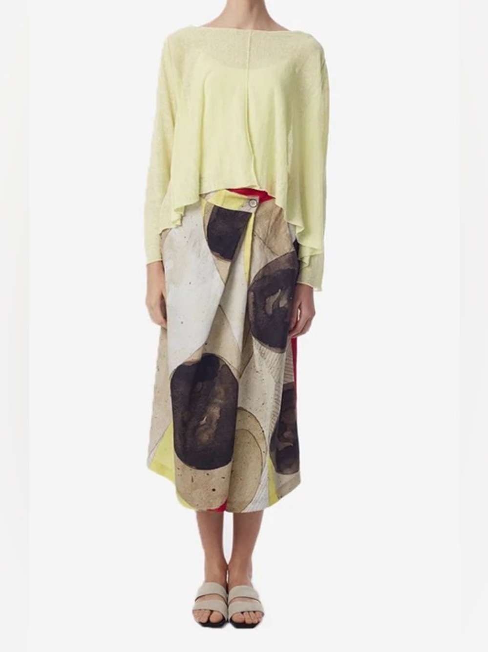 CREA Concept Cream Yellow Abstract Print Linen Blend Midi Wrap Skirt 42 / 12